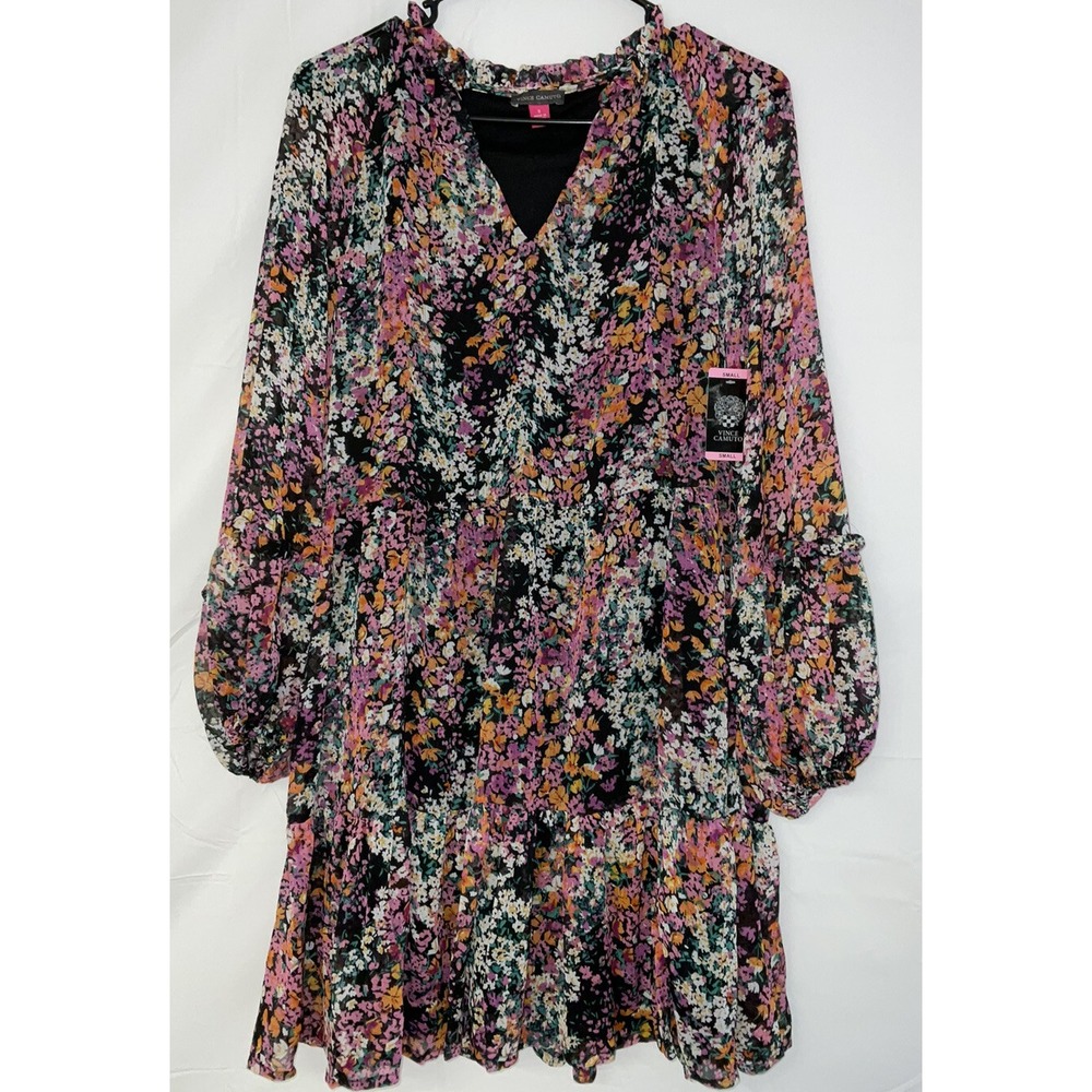 NWT Women's Vince Camuto Midi Lined Tiered Dress‎ Black Multi Flowers Small